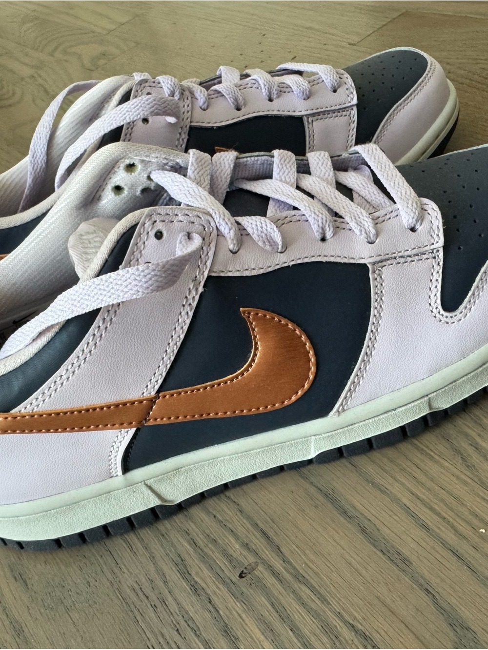 Nike Dunk Low — Light Lavender and Navy with Copper Swoosh